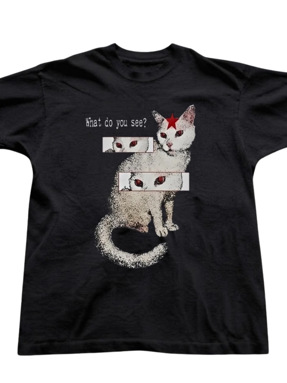 White Cat Red Star What Do You See Graphic Tee Shirt Gildan T-Shirt